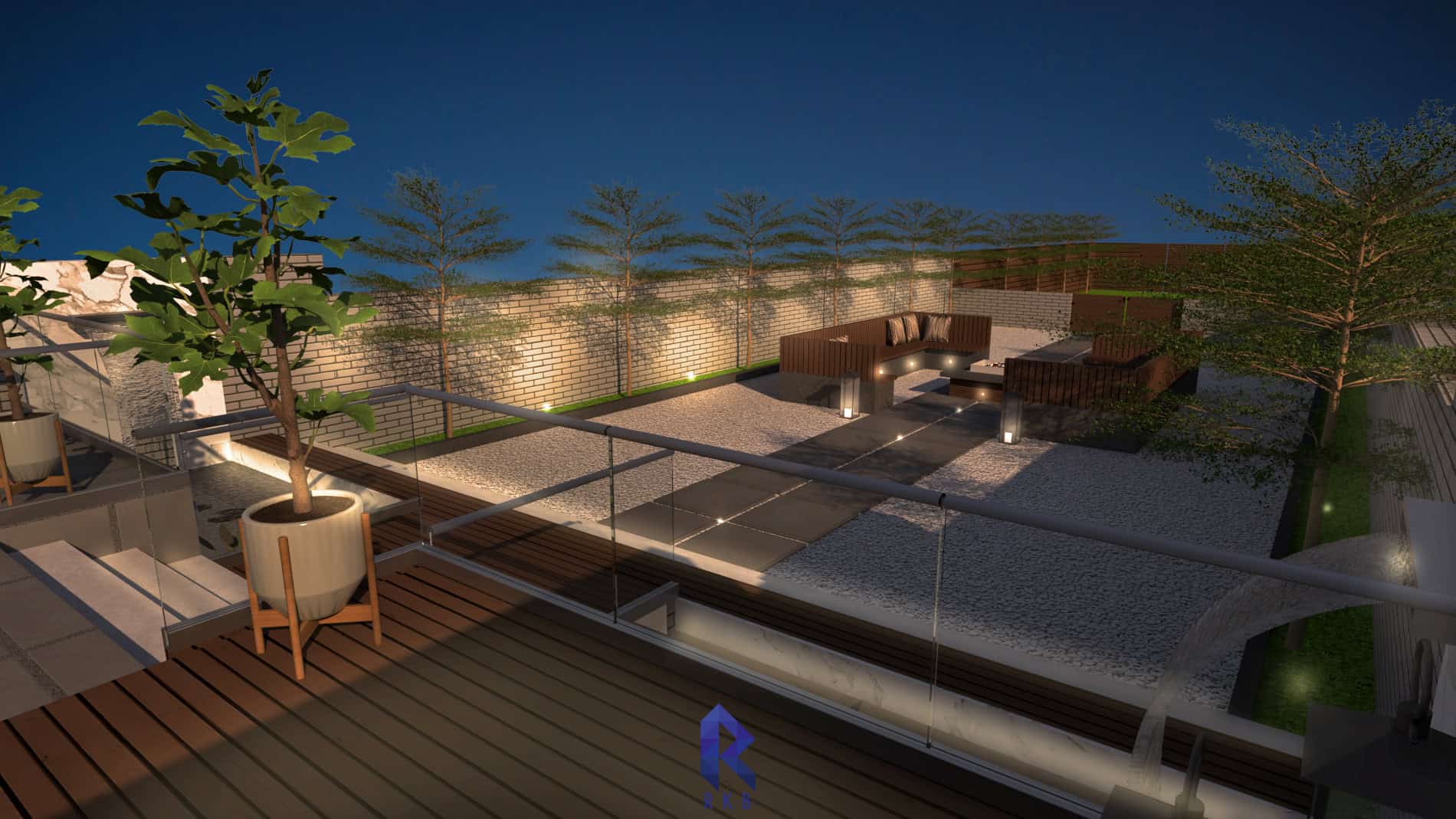 Backyard garden design night view