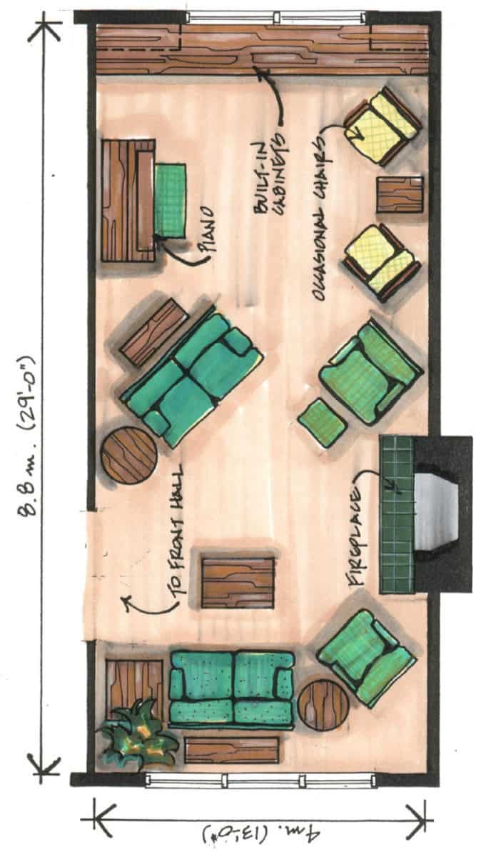 Long narrow living on sale room layout