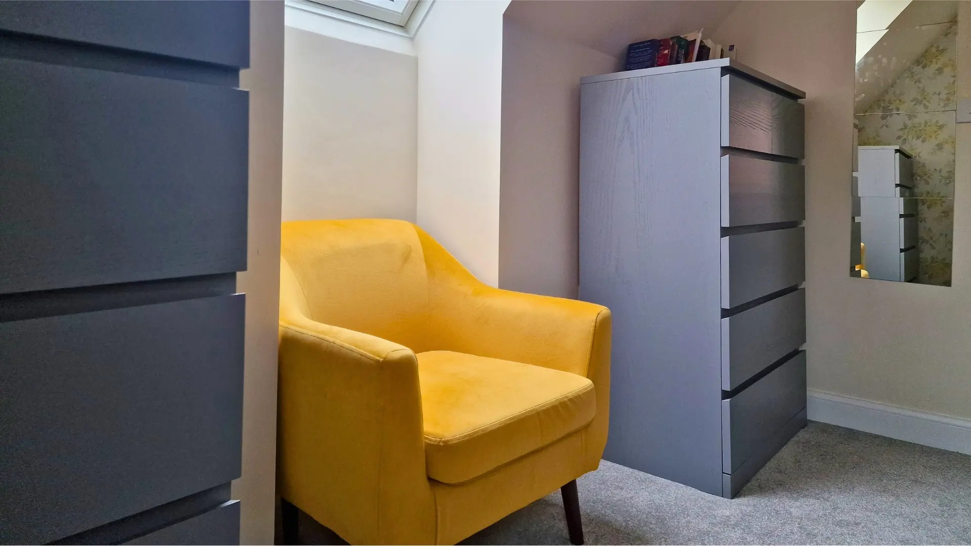 grey and yellow loft bedroom